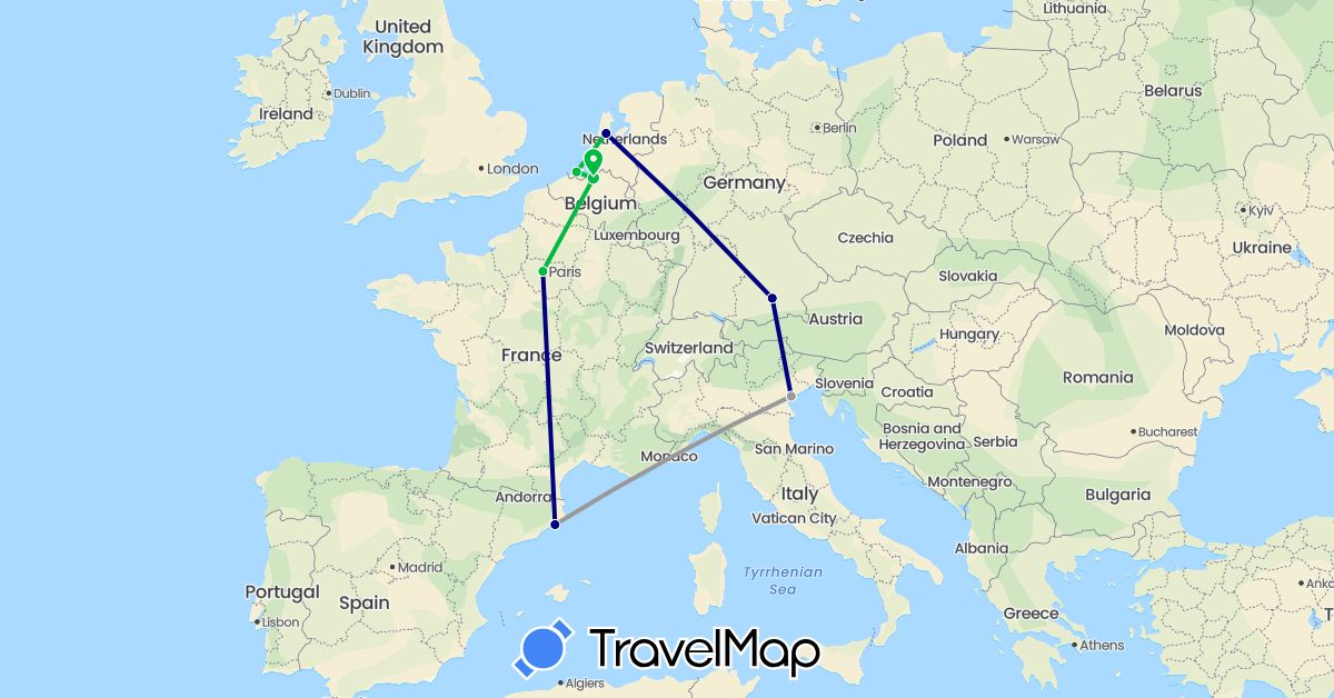 TravelMap itinerary: driving, bus, plane in Belgium, Germany, Spain, France, Italy, Netherlands (Europe)